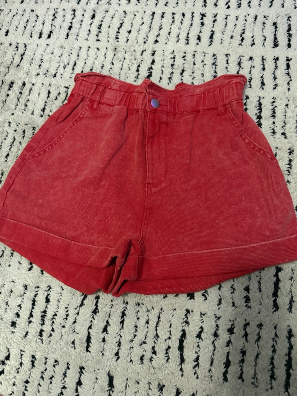 High-Waist Red Paperbag Shorts with Rolled Hem